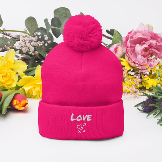 Love Embroidered Pom-Pom Beanie