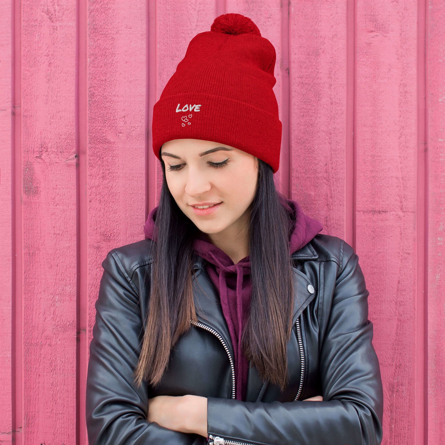 Love Embroidered Pom-Pom Beanie