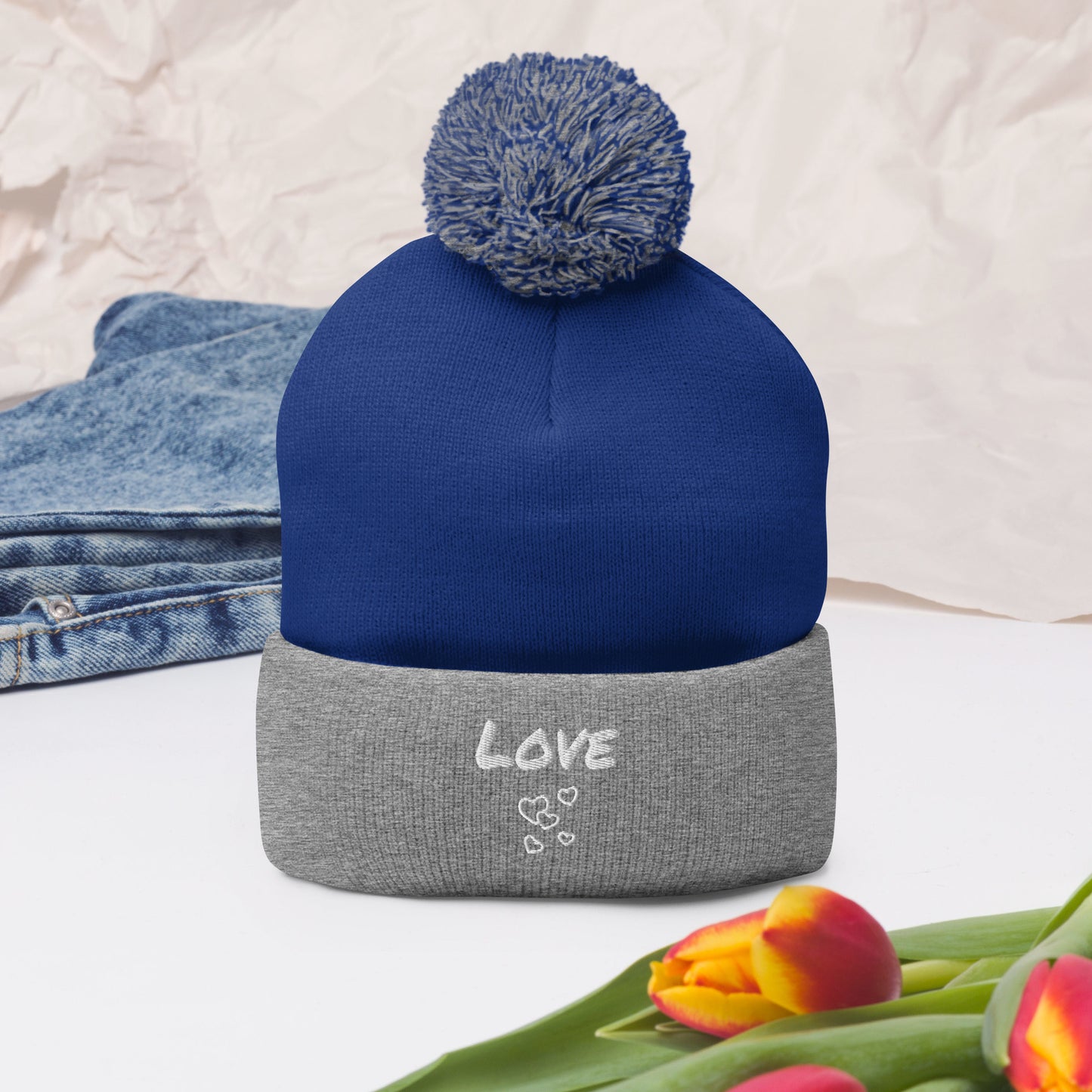 Love Embroidered Pom-Pom Beanie