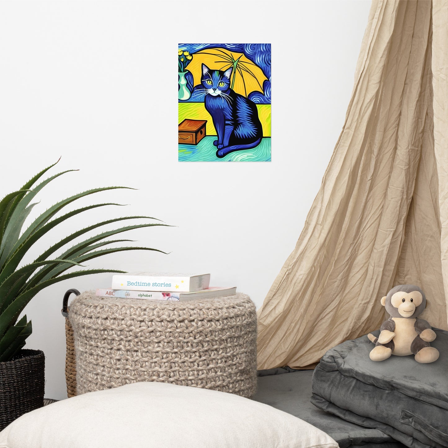 Blue Cat and Umbrella Photo Paper Poster