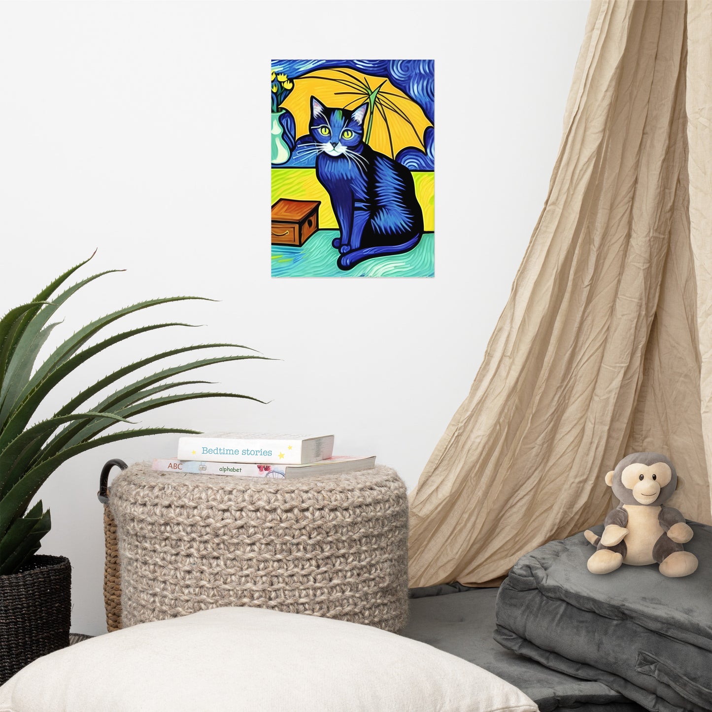 Blue Cat and Umbrella Photo Paper Poster