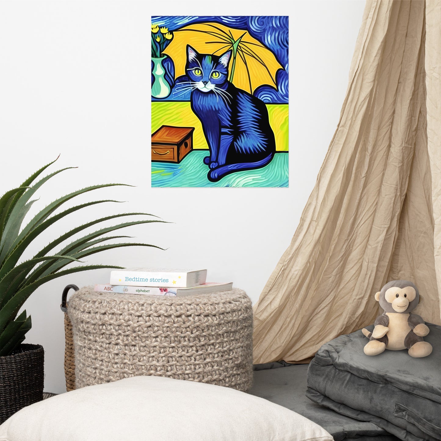 Blue Cat and Umbrella Photo Paper Poster