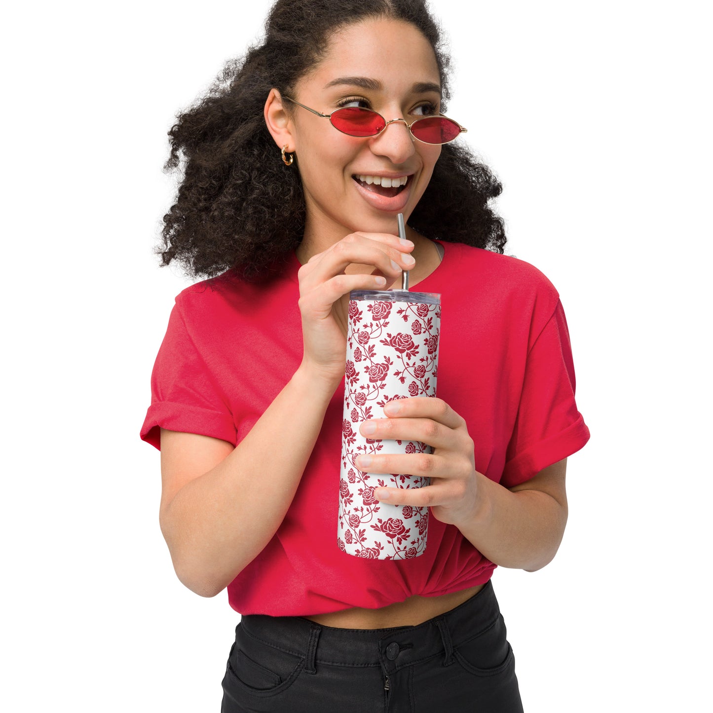 Red Roses on White Stainless Steel Tumbler