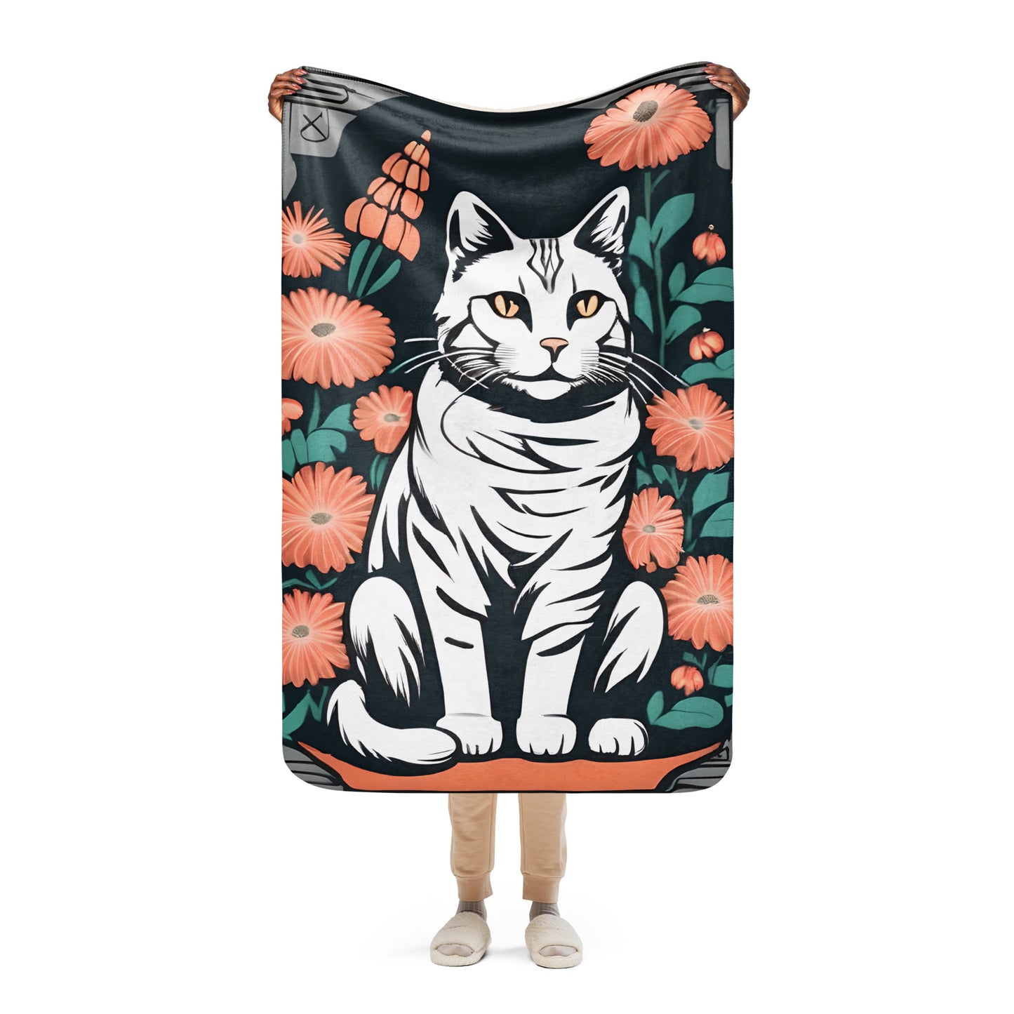 Tabby Cat Sitting Amid the Flowers Sherpa Blanket