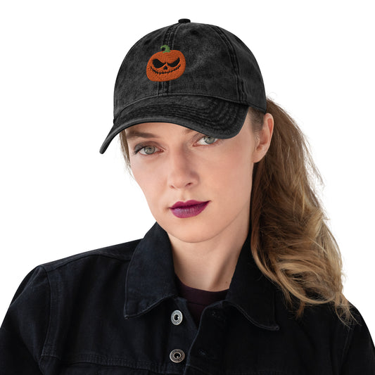 Vintage Jack o Lantern Embroidered Cotton Twill Cap