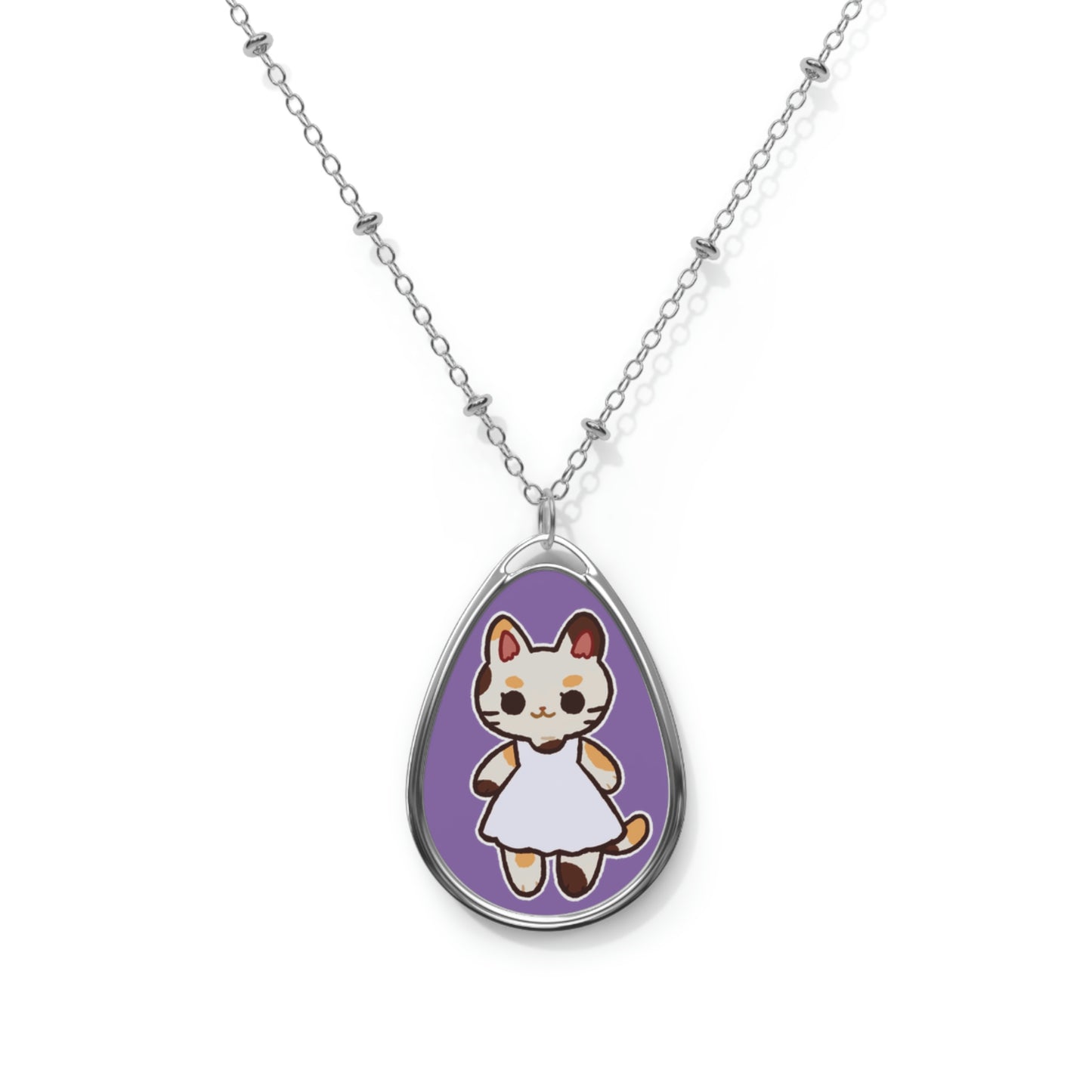 Cute Calico Cat in a Sun Dress Oval Necklace