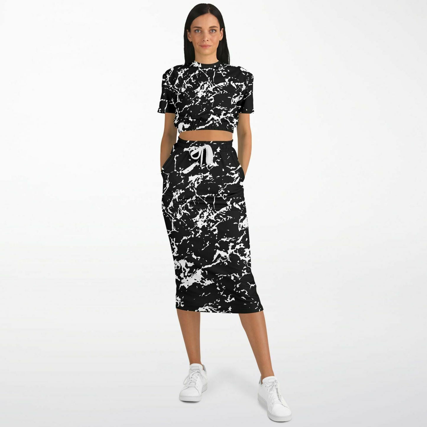 Black Water Camo Short Sleeve Crop Top and Skirt Outfit