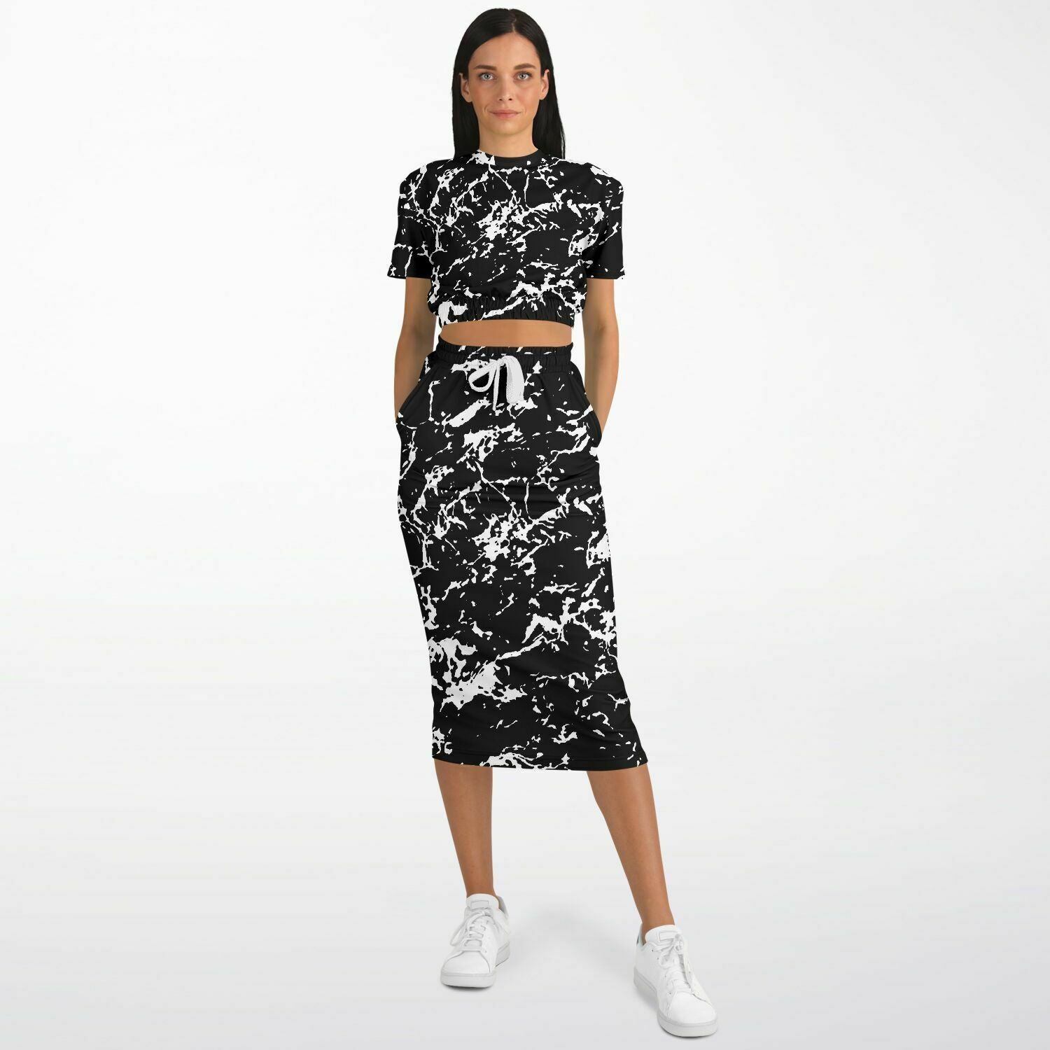 Black Water Camo Short Sleeve Crop Top and Skirt Outfit