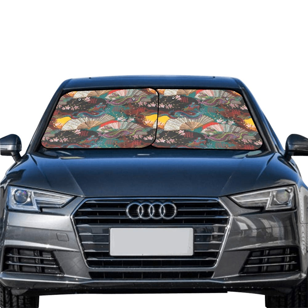 Dragons and Fan Car Sun Shade (28" x 28") (Small) (Two Pieces)