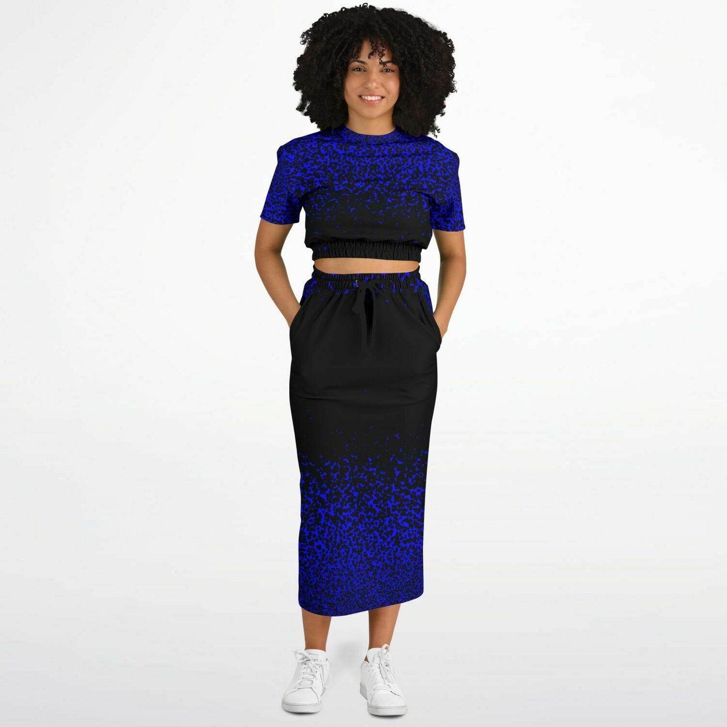 Blue Speckles Short Sleeve Crop Top and Skirt Outfit