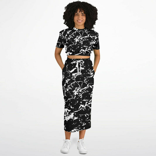 Black Water Camo Short Sleeve Crop Top and Skirt Outfit