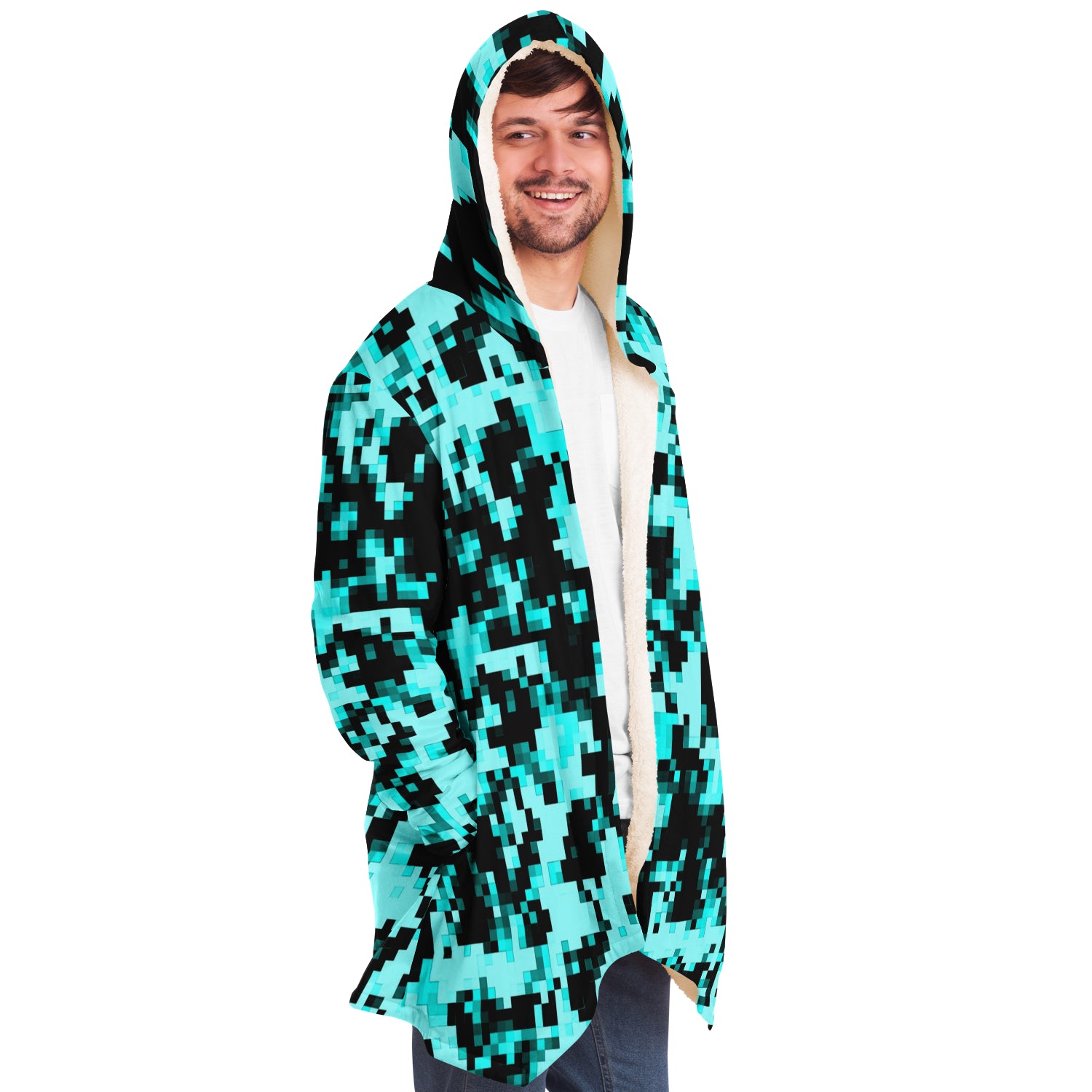 Digital Aqua Camouflage Hooded Cloak