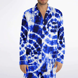 Blue Shibori Tie Dye Men's Satin Pajamas