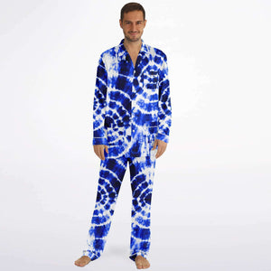 Blue Shibori Tie Dye Men's Satin Pajamas