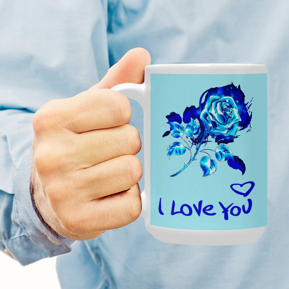 Blue Fire Rose "I Love You" 15 Oz Ceramic Mug Ceramic Mug (Made In USA)