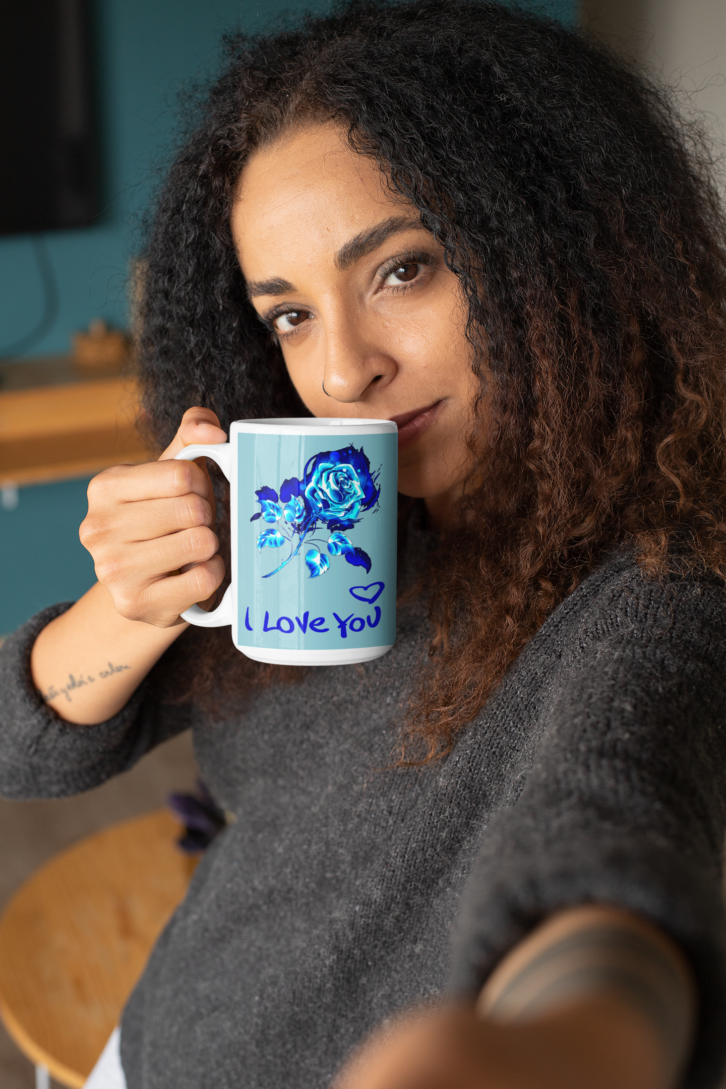 Blue Fire Rose "I Love You" 15 Oz Ceramic Mug Ceramic Mug (Made In USA)