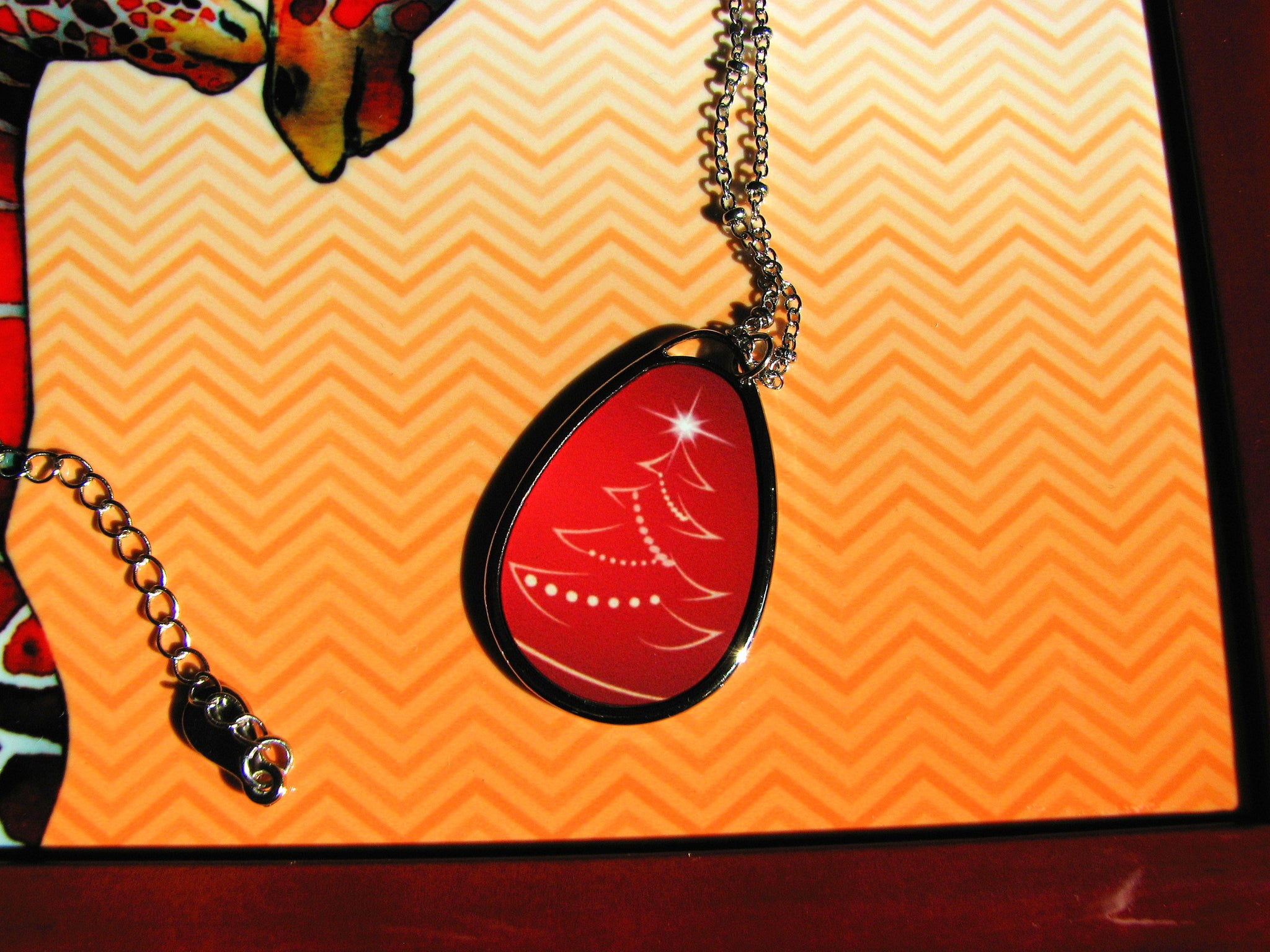Red Christmas Tree Oval Necklace