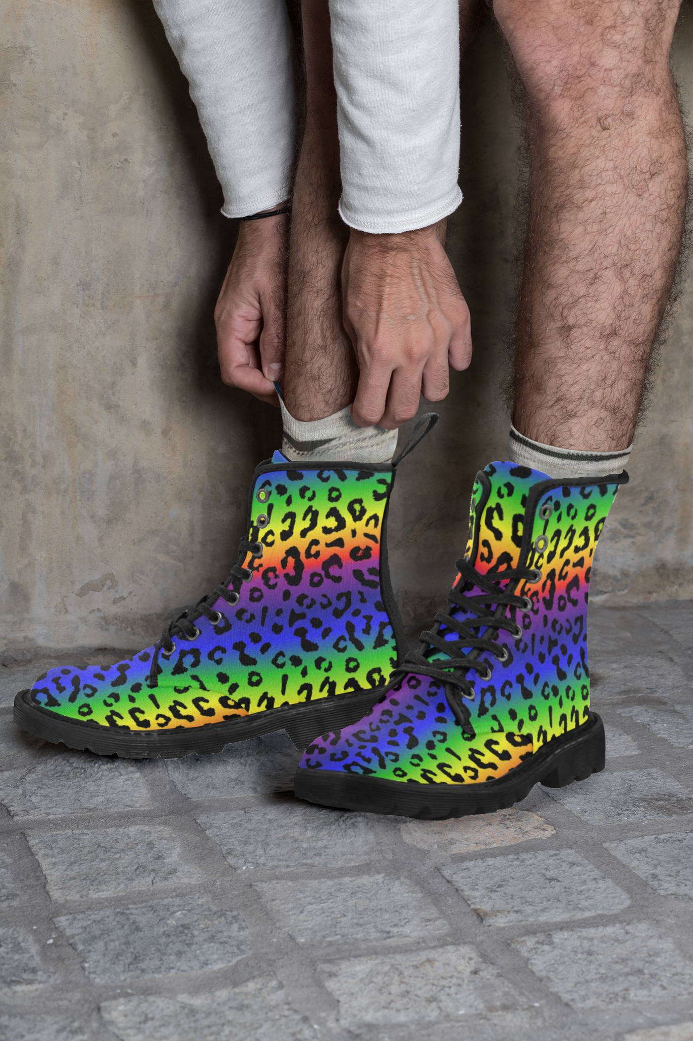 Men's Rainbow Leopard Print Canvas Boots