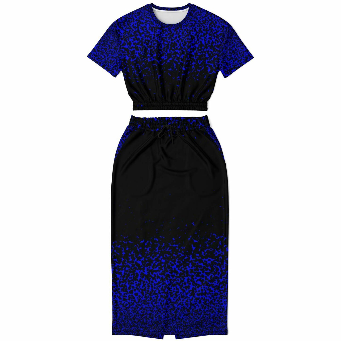 Blue Speckles Short Sleeve Crop Top and Skirt Outfit