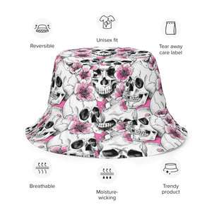 Skulls and Pink Blossoms with Pink Dizzy Skull Reversible Bucket Hat