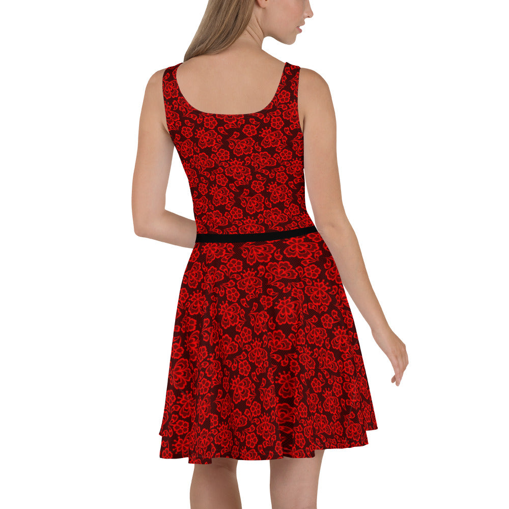 Crimson Midnight Lace Print Skater Dress