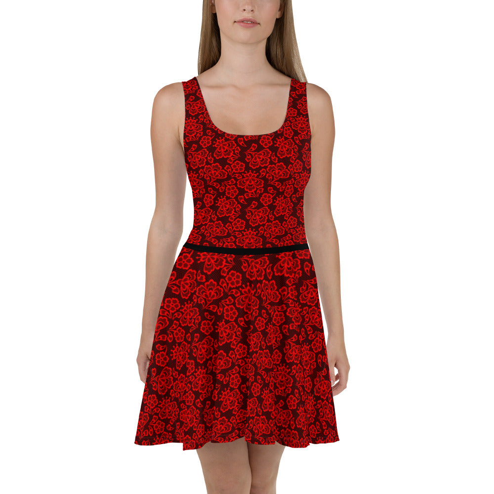 Crimson Midnight Lace Print Skater Dress