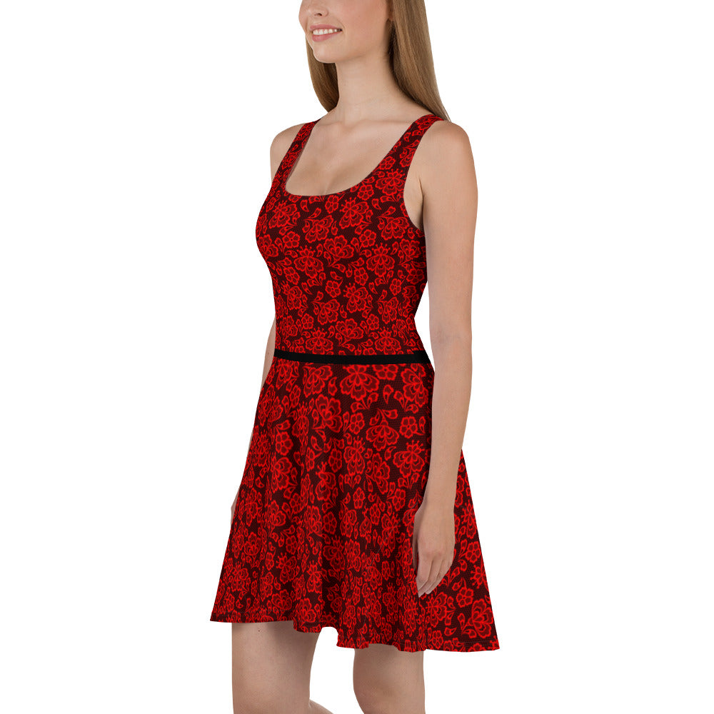 Crimson Midnight Lace Print Skater Dress