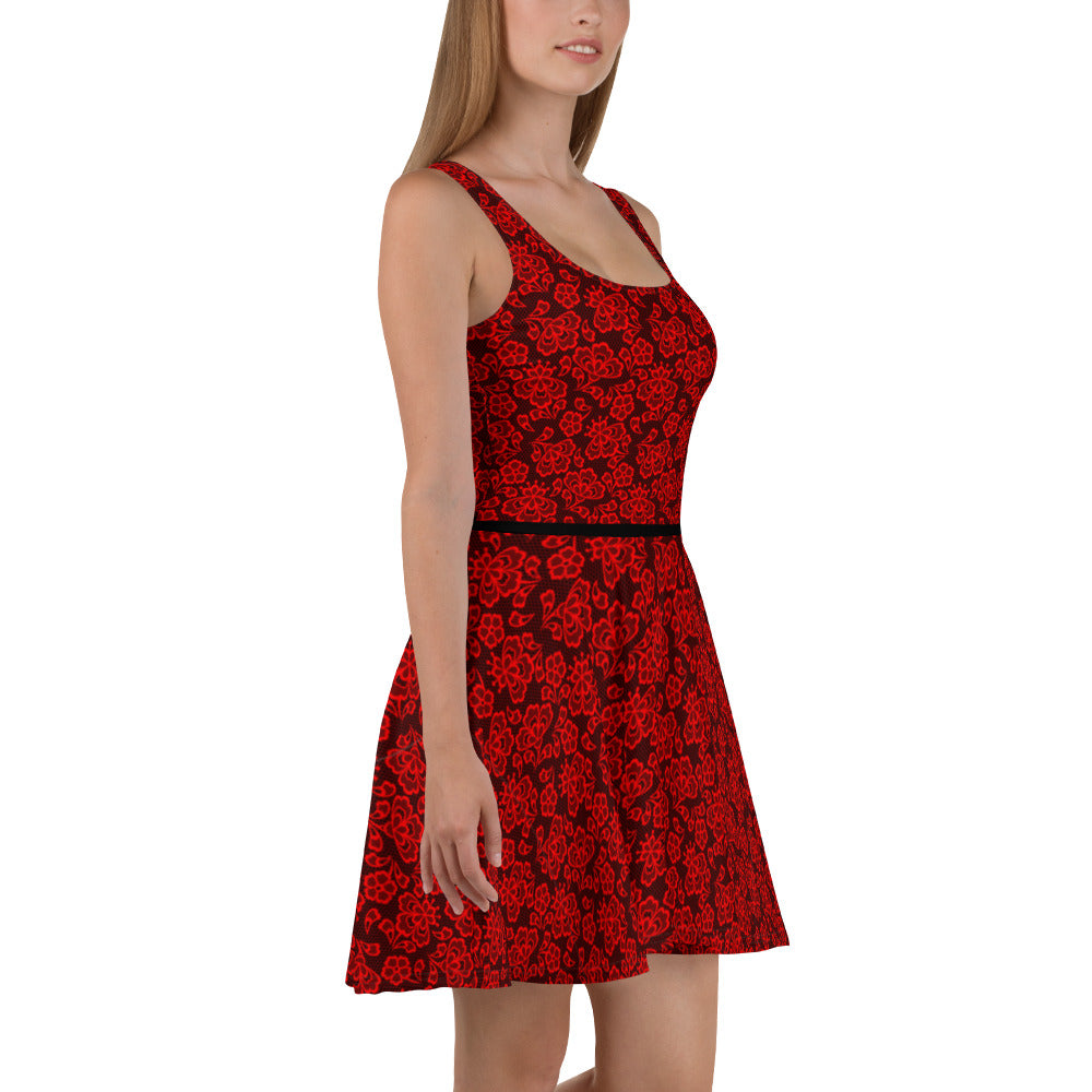 Crimson Midnight Lace Print Skater Dress