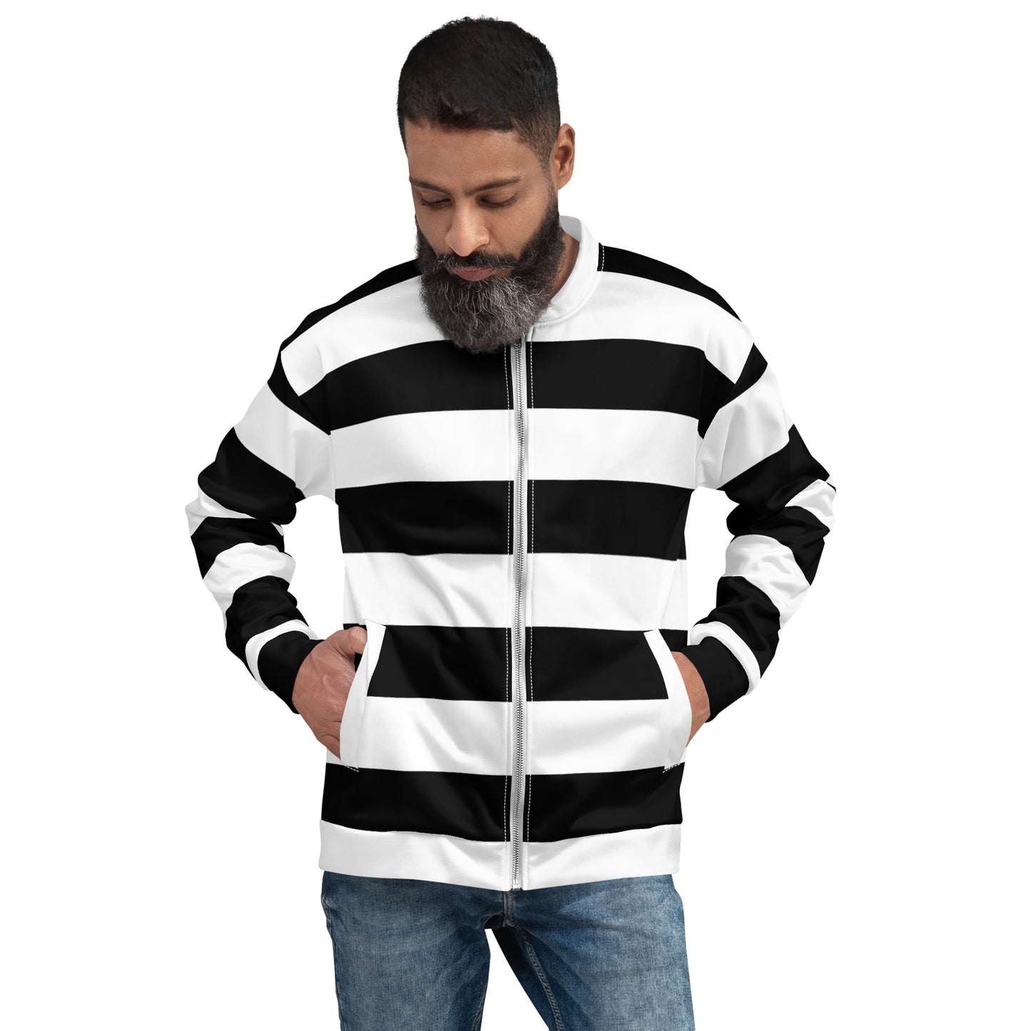 Black and White Striped Unisex Bomber Jacket