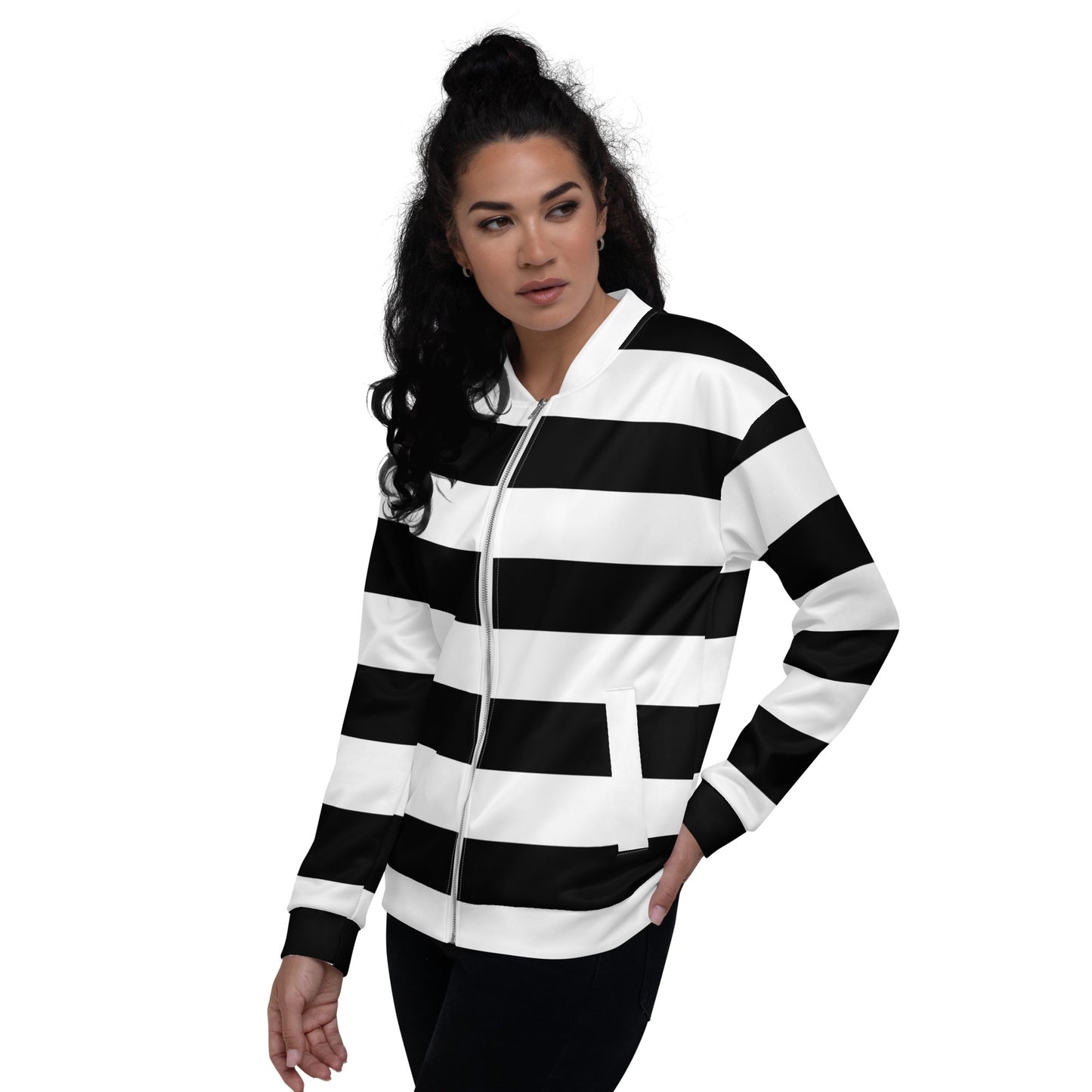 Black and White Striped Unisex Bomber Jacket