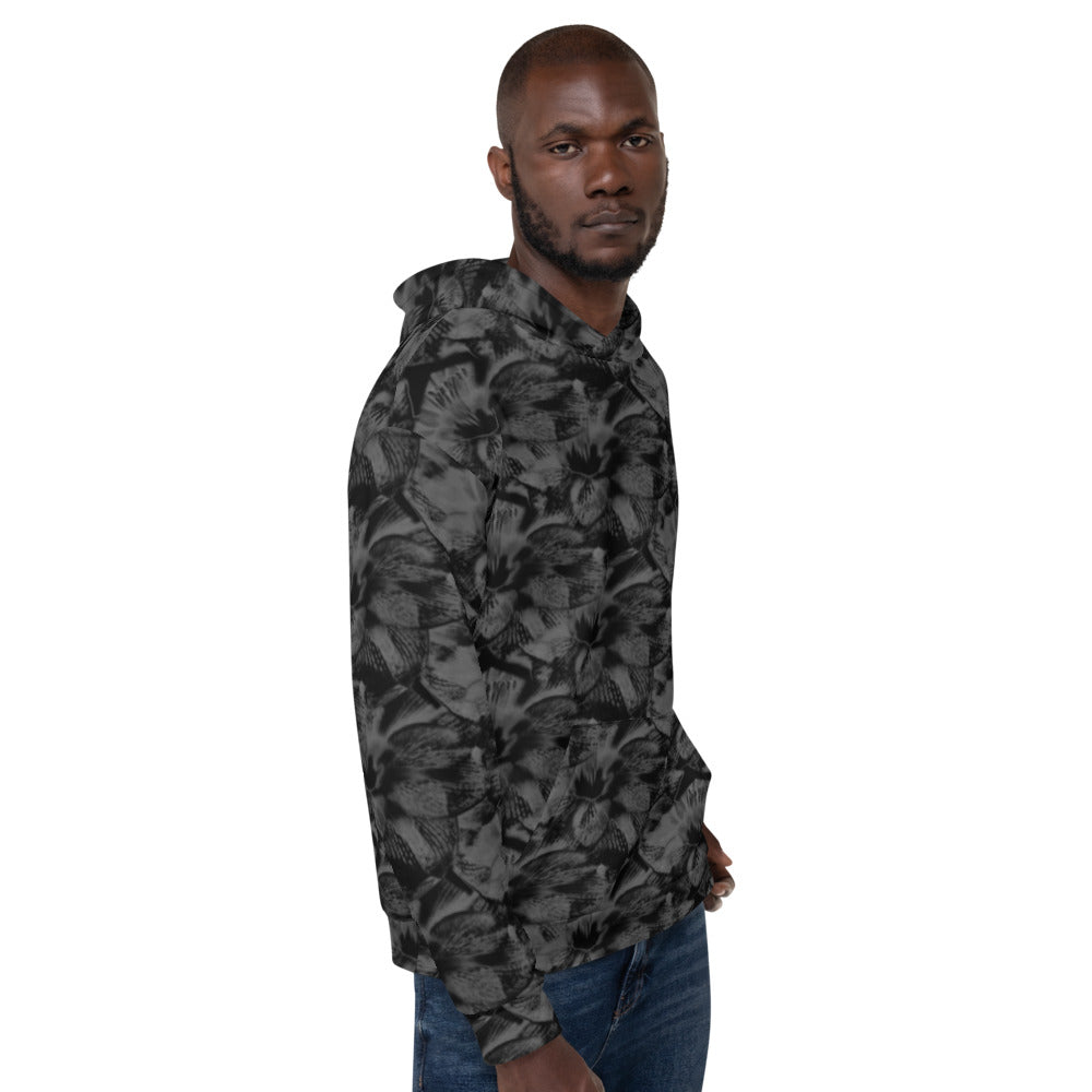 Grey and Black Abstract Floral Unisex Hoodie