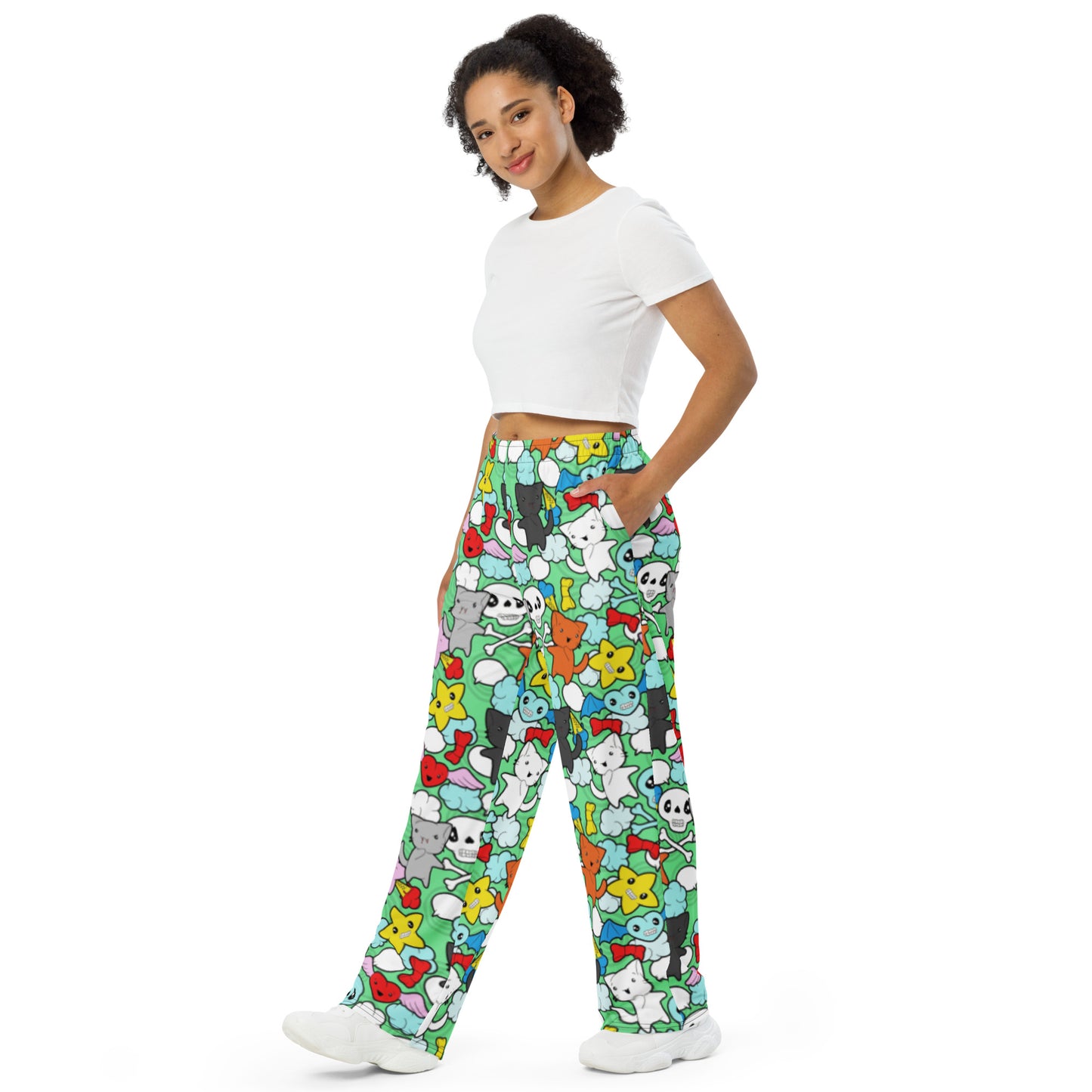 Kawaii Kitties and Skulls Unisex Wide-Leg Pants