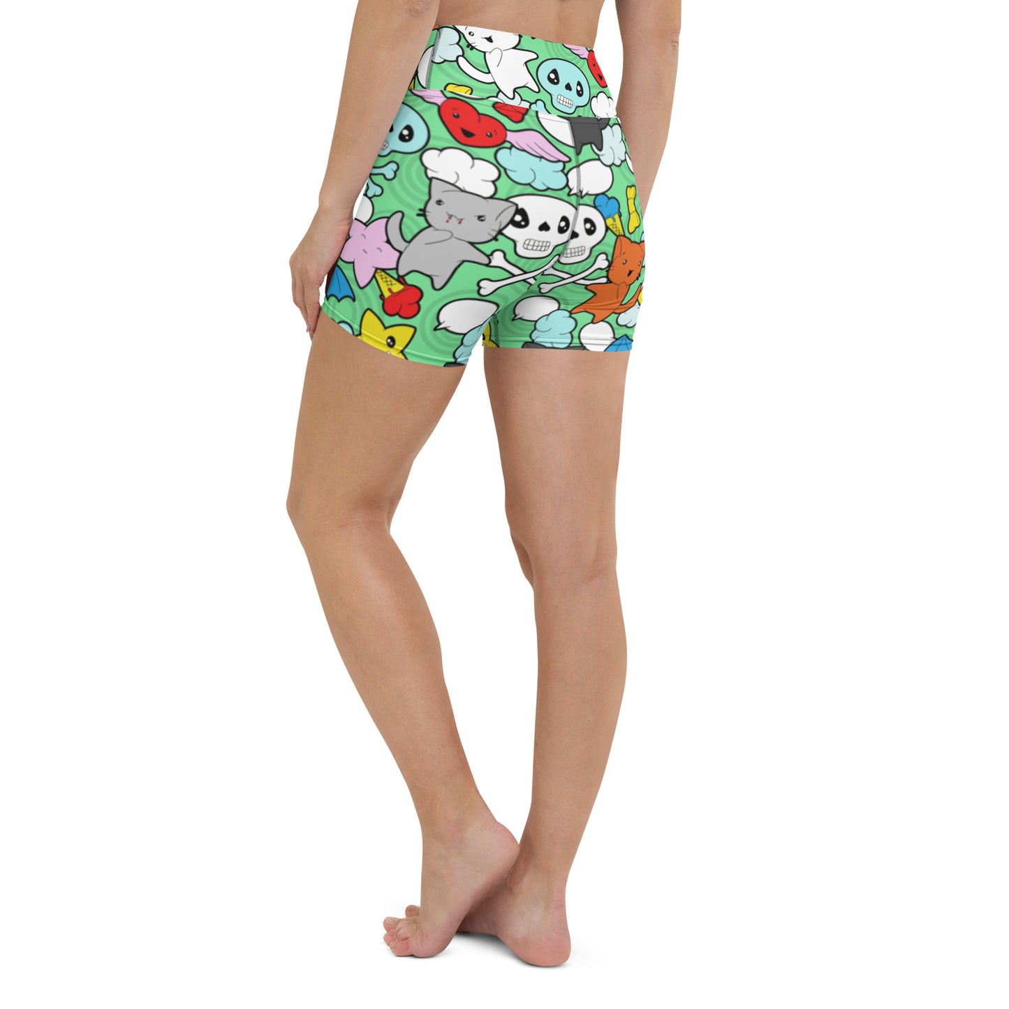 Kawaii Kitties and Skulls Yoga Shorts