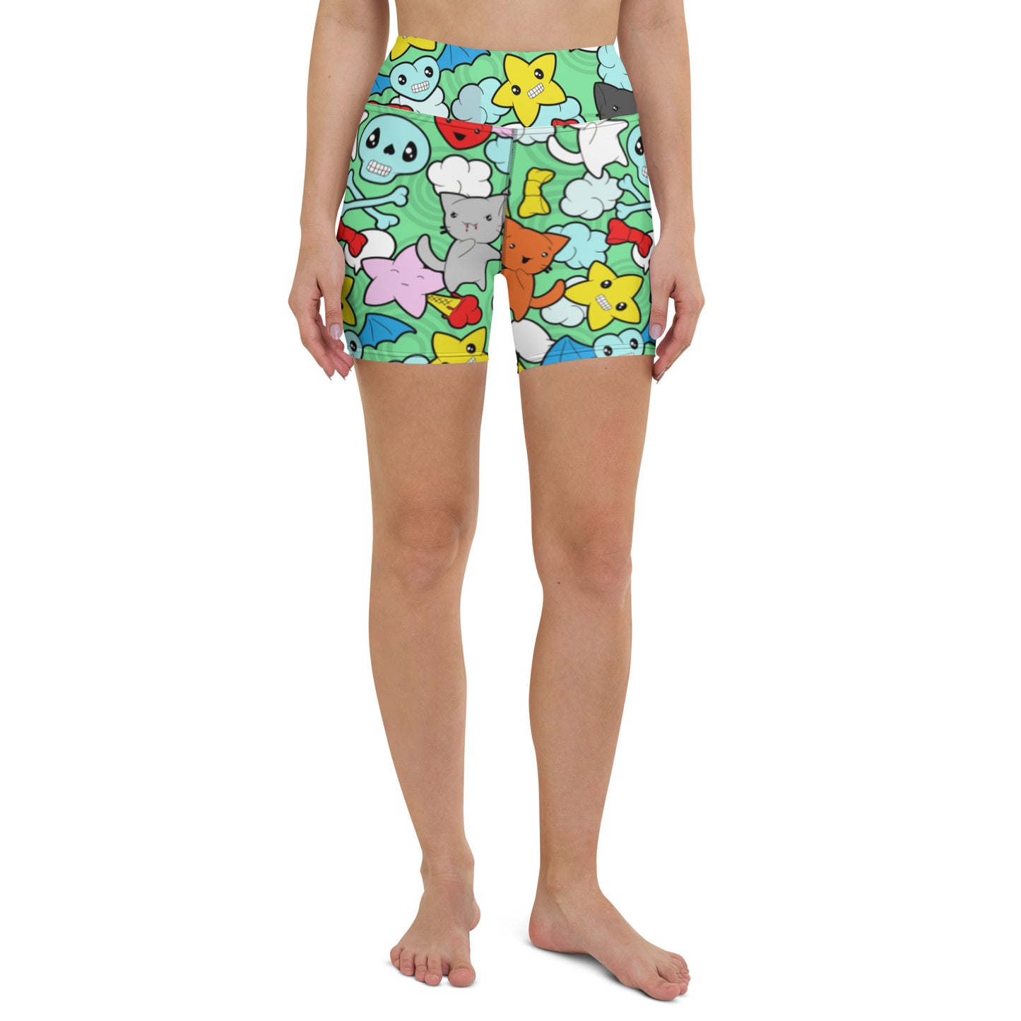 Kawaii Kitties and Skulls Yoga Shorts