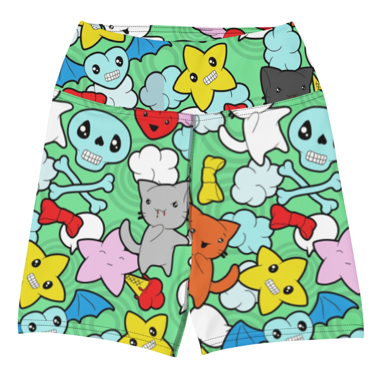 Kawaii Kitties and Skulls Yoga Shorts