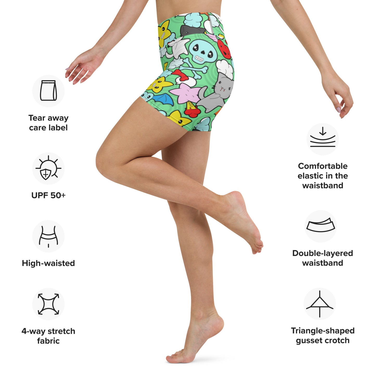 Kawaii Kitties and Skulls Yoga Shorts