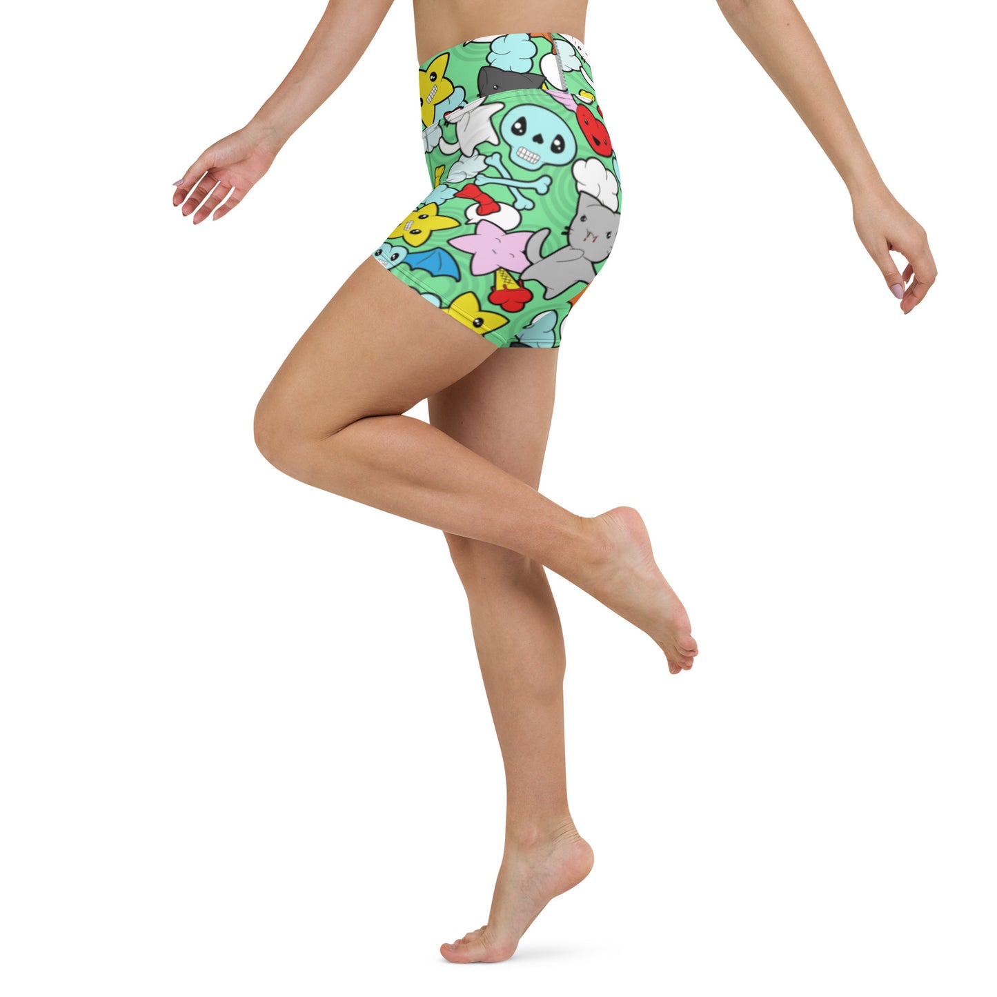 Kawaii Kitties and Skulls Yoga Shorts