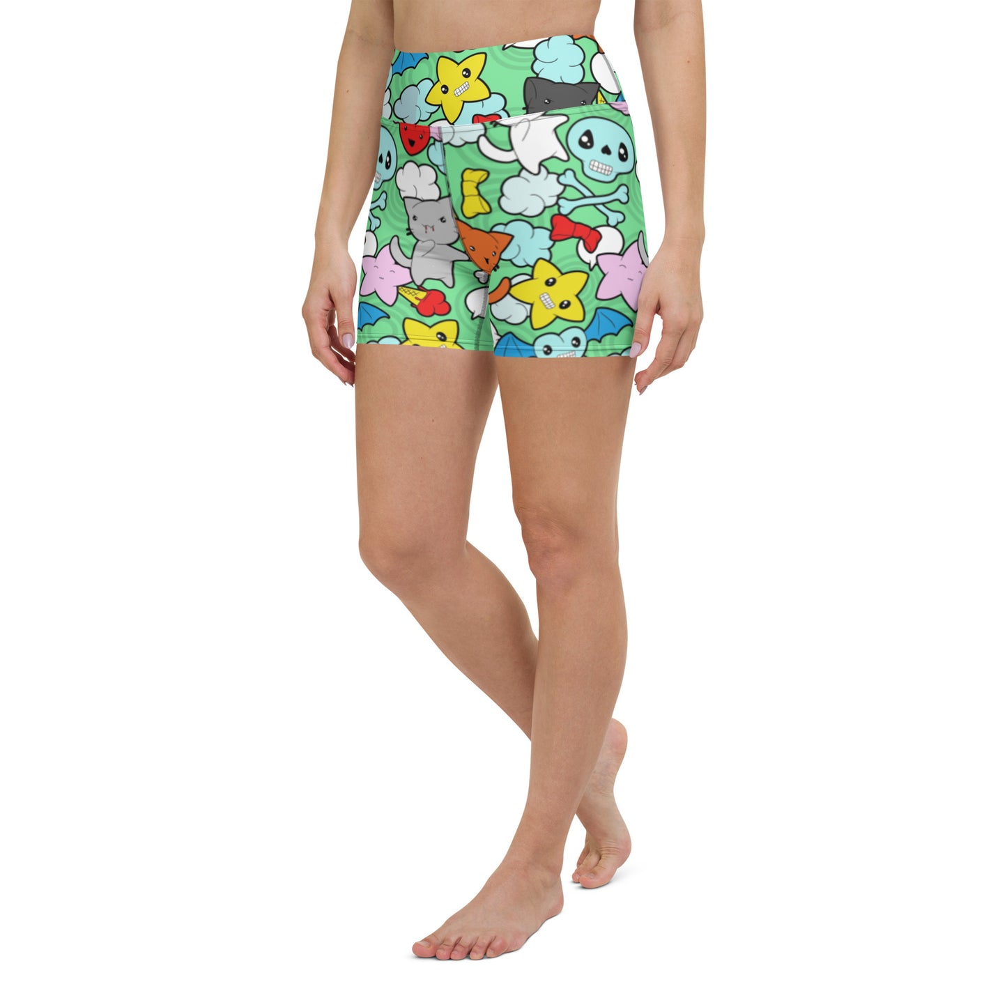 Kawaii Kitties and Skulls Yoga Shorts