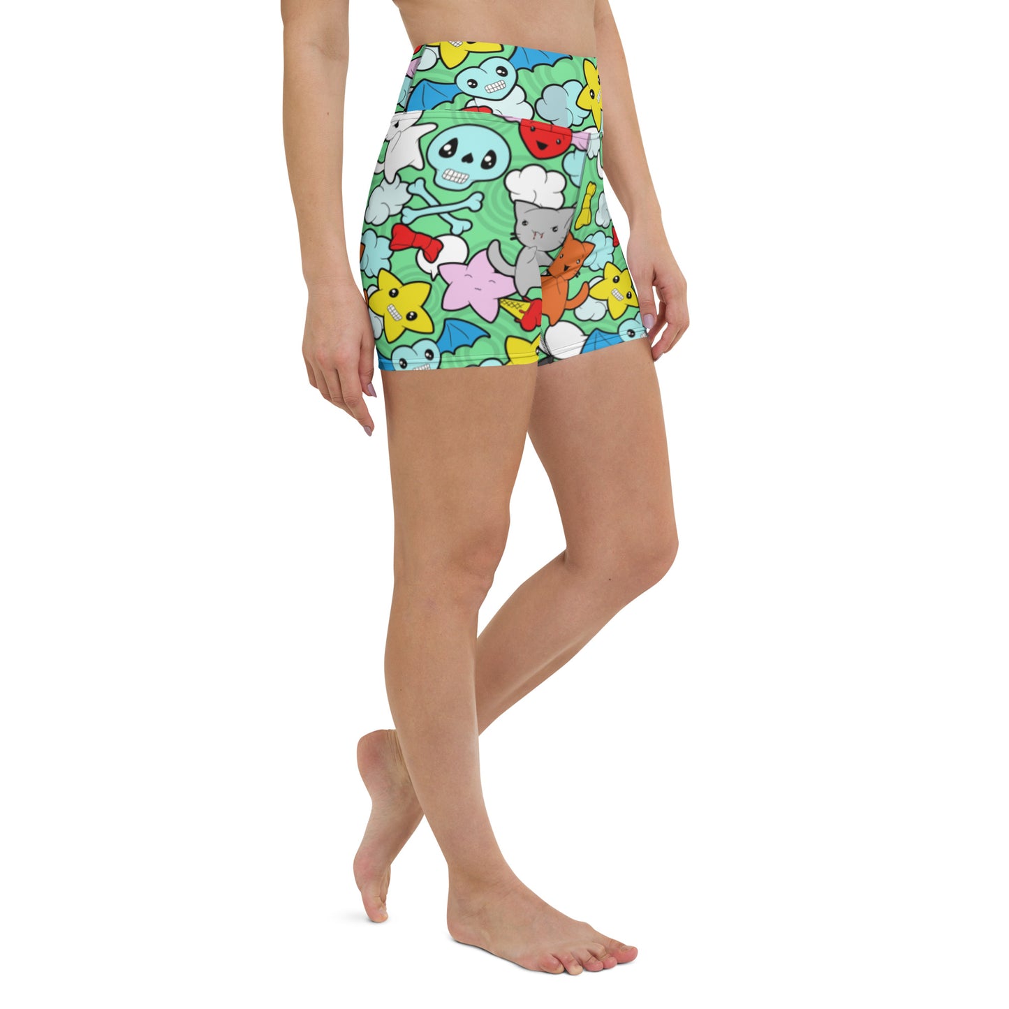 Kawaii Kitties and Skulls Yoga Shorts