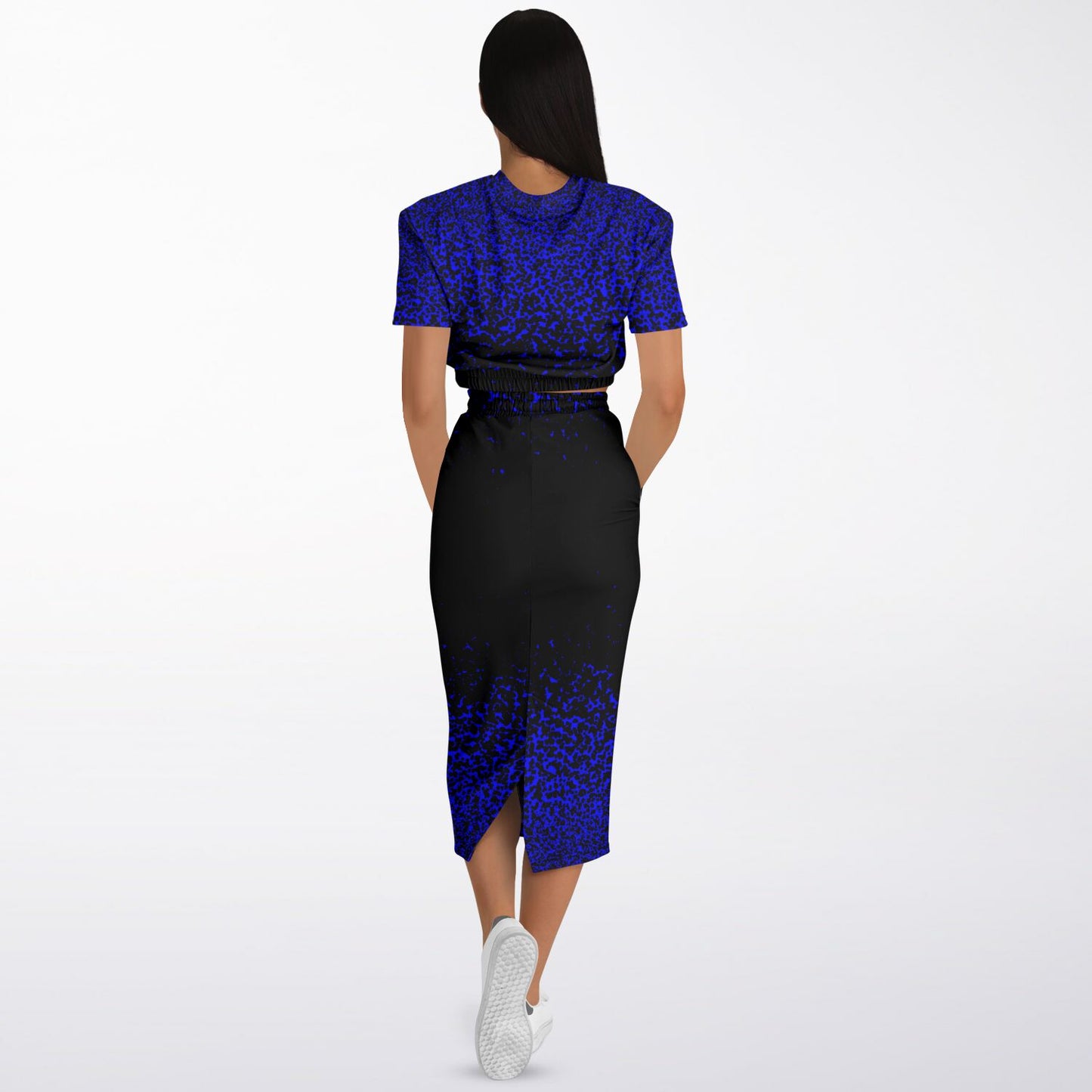 Blue Speckles Short Sleeve Crop Top and Skirt Outfit