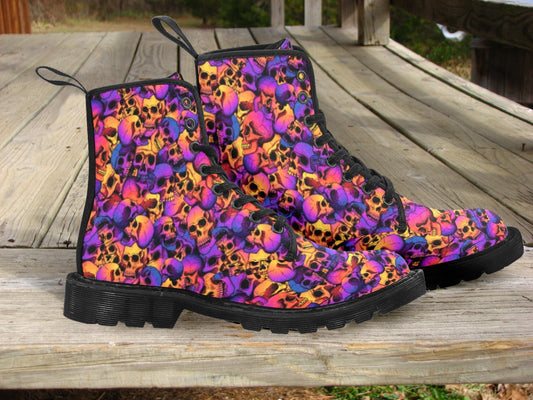 Vibrant Skulls Women's Lace Up Canvas Boots