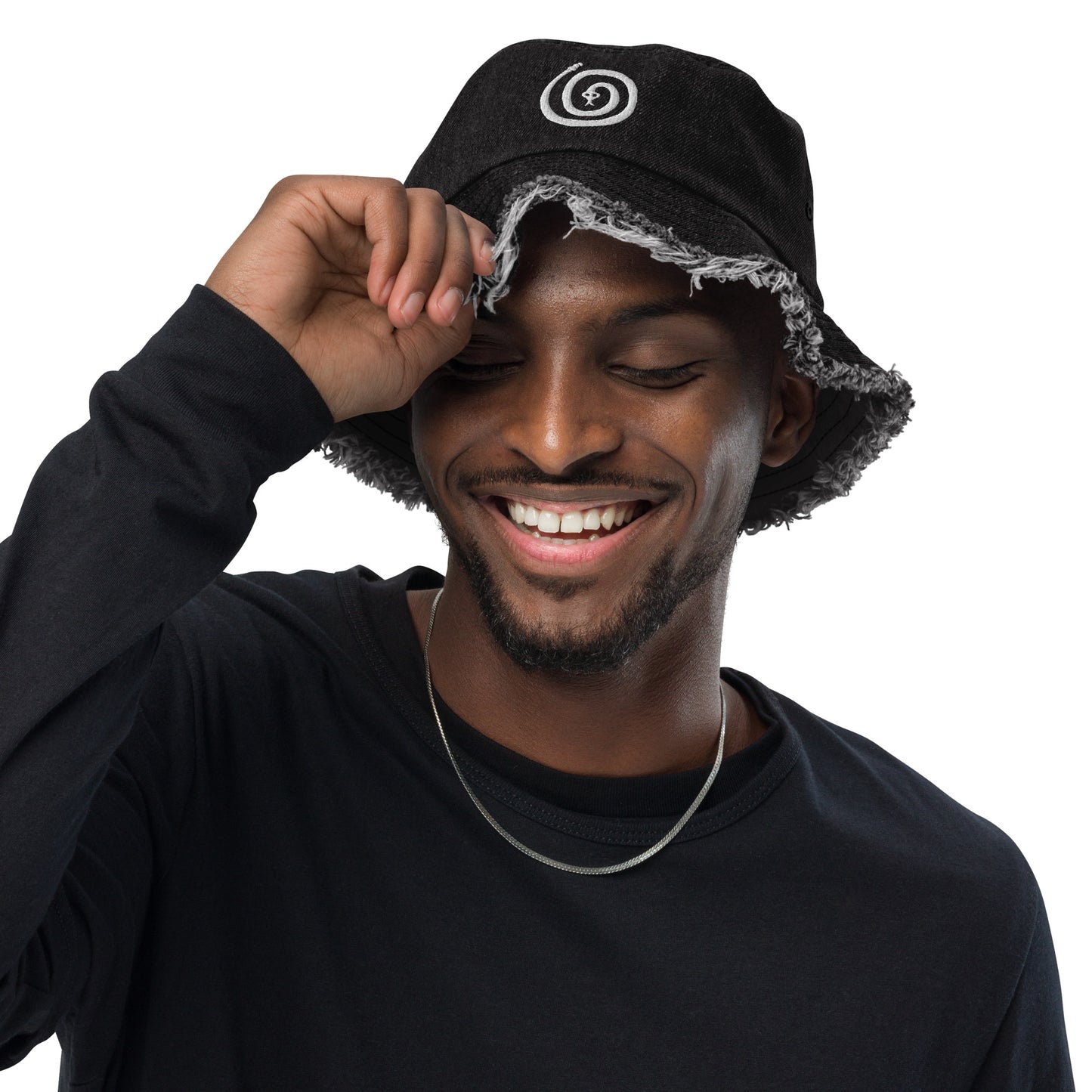 Spiral Snake Embroidered Distressed Denim Bucket Hat