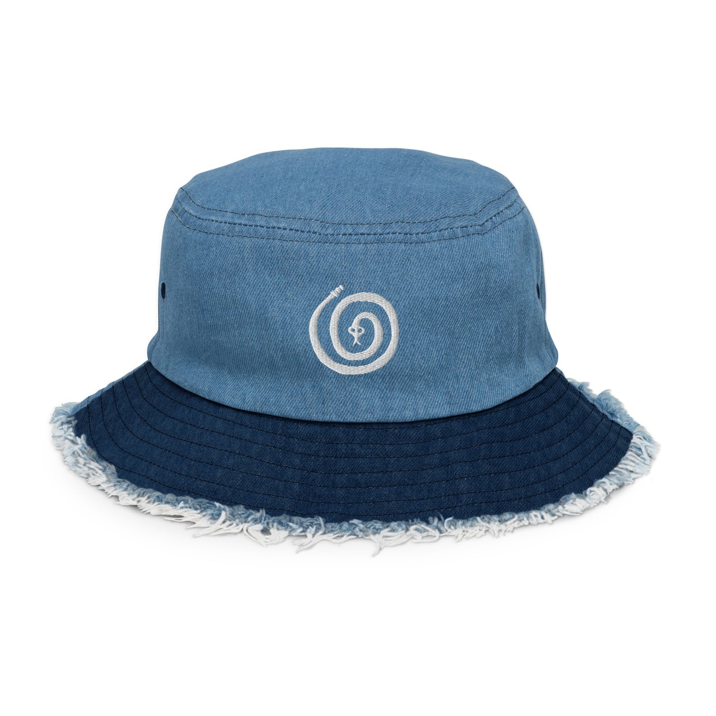 Spiral Snake Embroidered Distressed Denim Bucket Hat