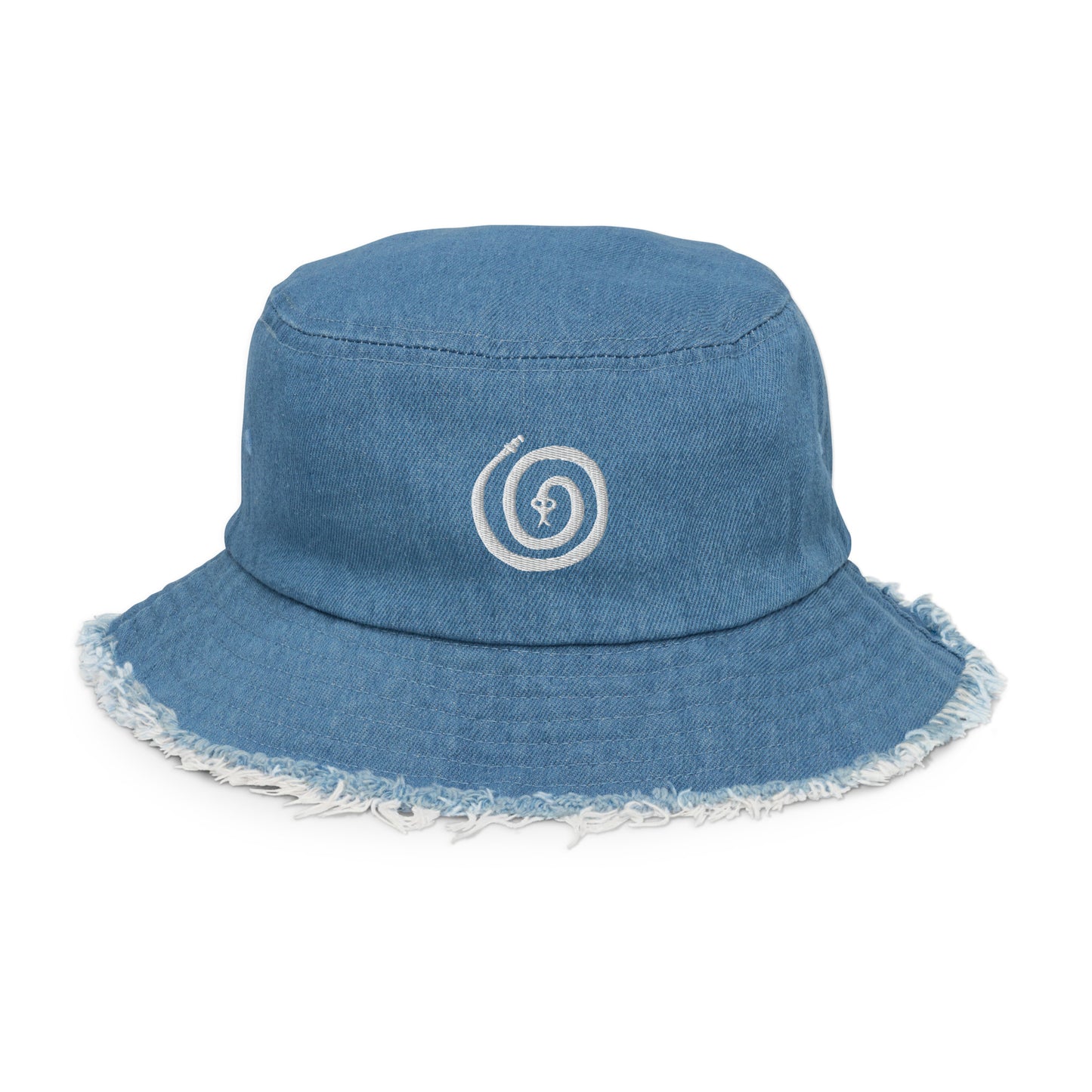 Spiral Snake Embroidered Distressed Denim Bucket Hat