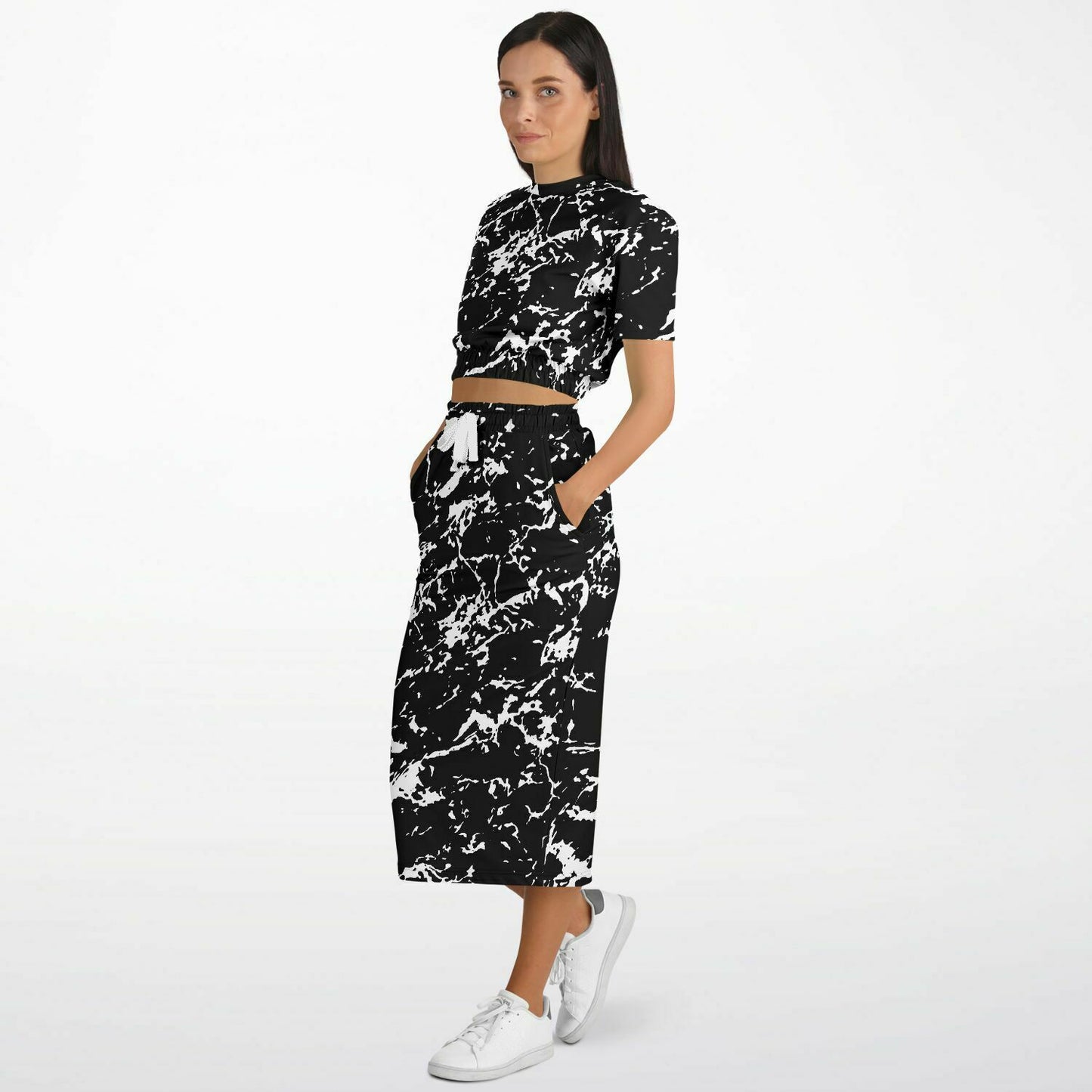 Black Water Camo Short Sleeve Crop Top and Skirt Outfit