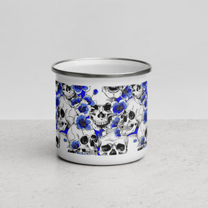 Skulls and Blue Blossoms Enamel Mug