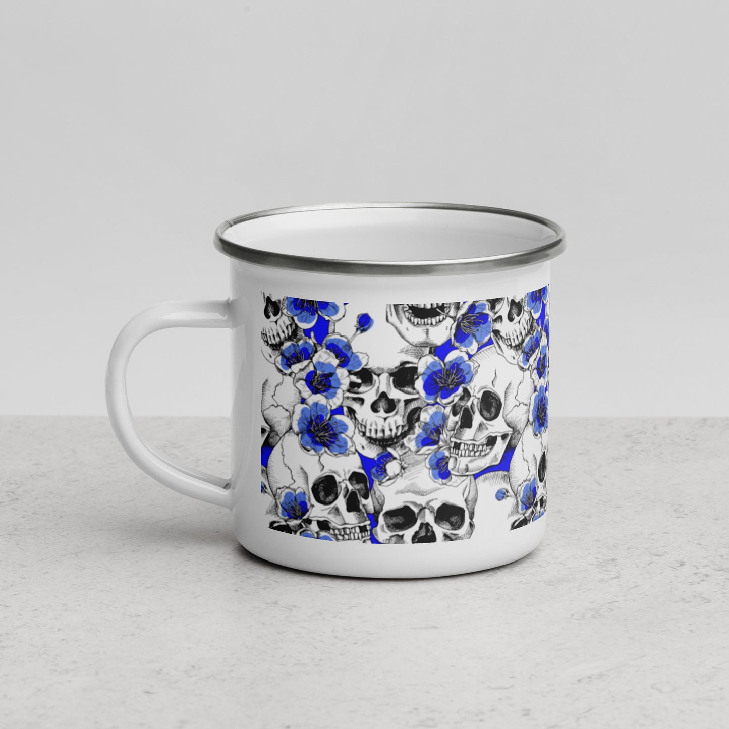 Skulls and Blue Blossoms Enamel Mug