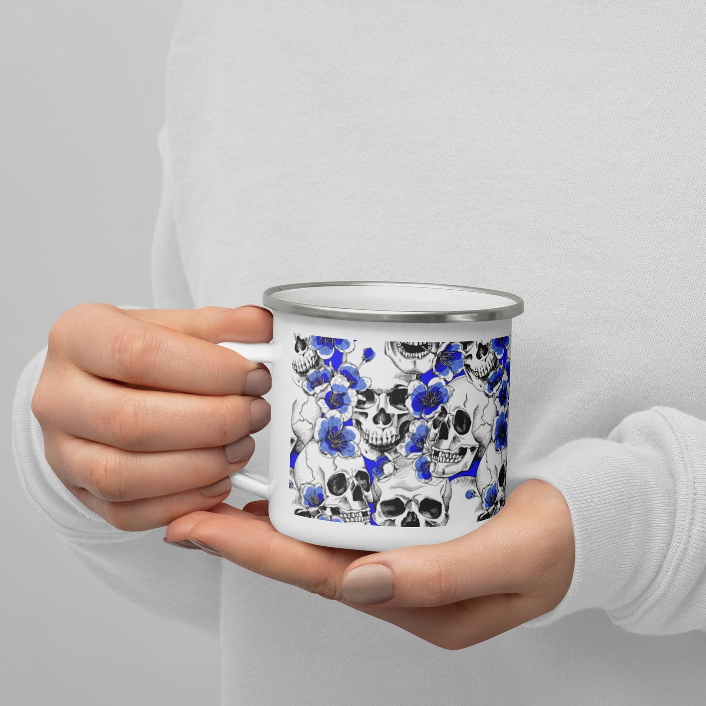 Skulls and Blue Blossoms Enamel Mug