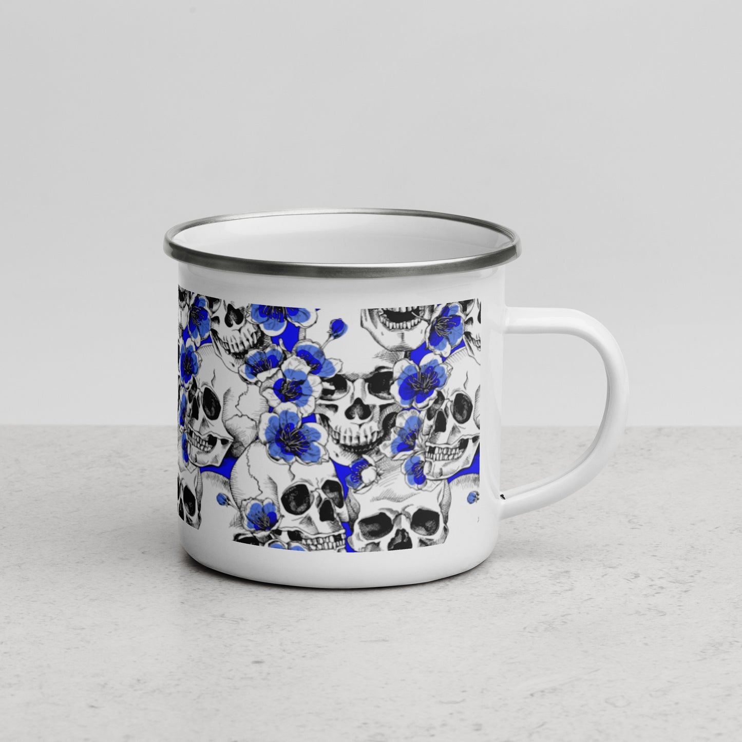 Skulls and Blue Blossoms Enamel Mug