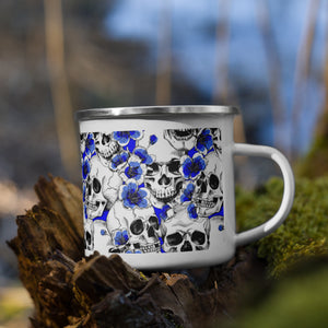 Skulls and Blue Blossoms Enamel Mug